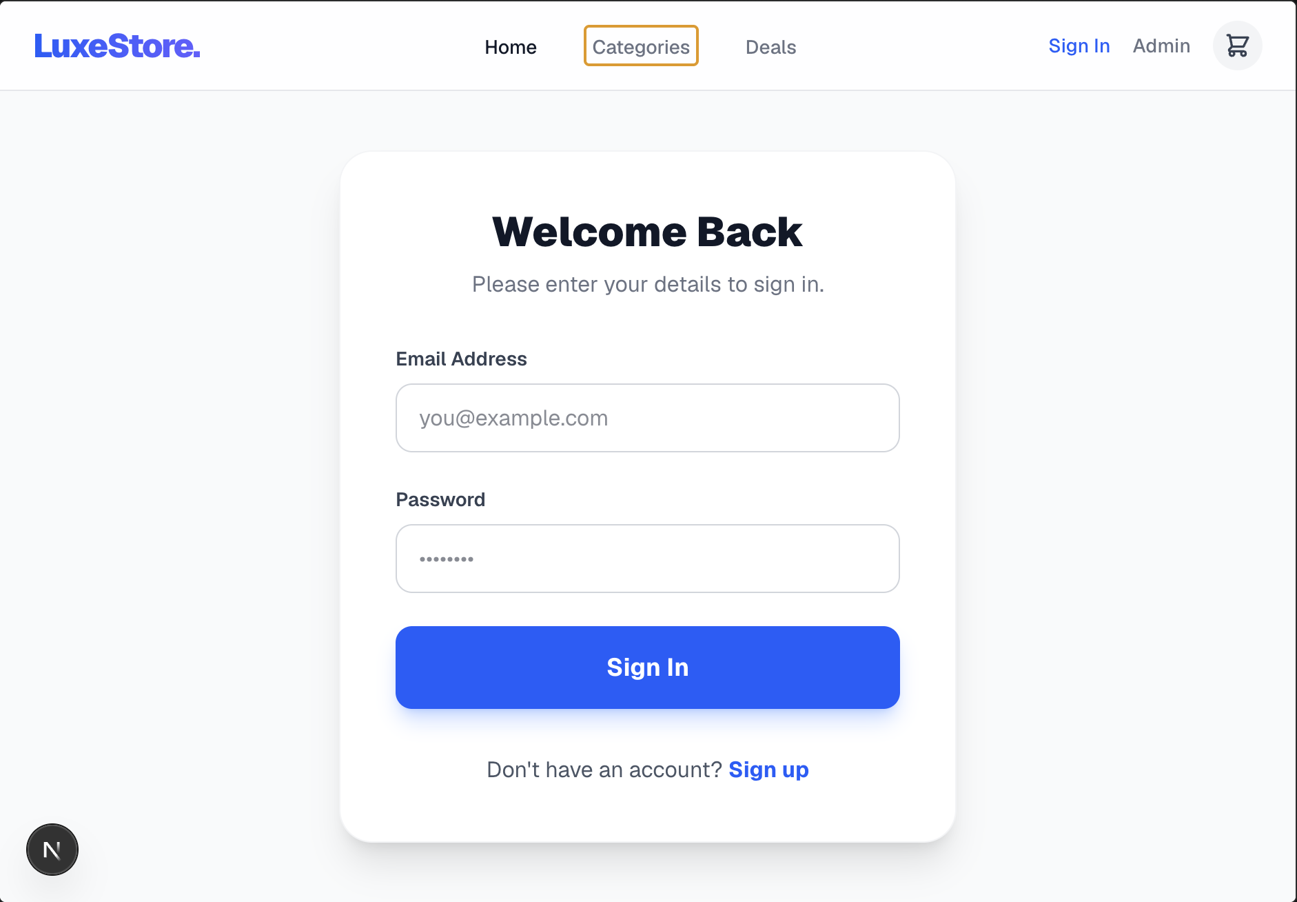 LuxeStore sign-in page with email and password fields